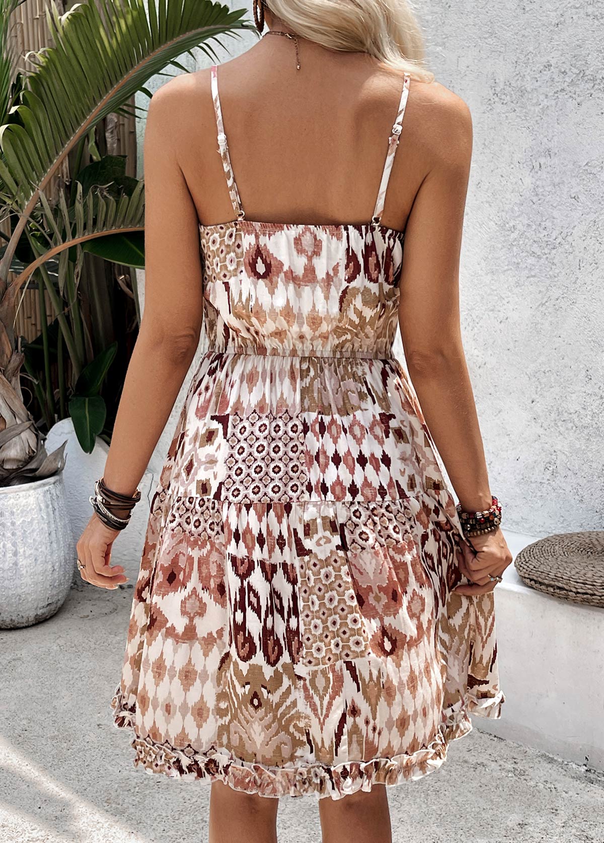 Light Coffee Tribal Print Short Tummy Coverage Strappy Dress | picture 