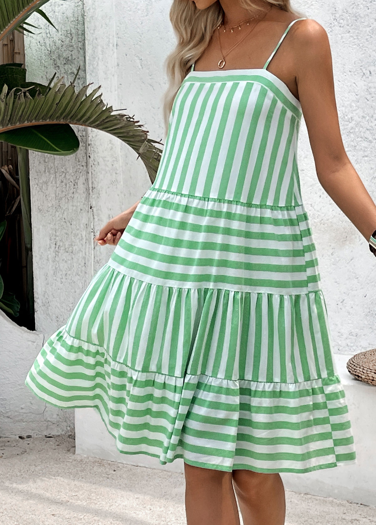 Green Tummy Coverage Striped A Line Strappy Dress | picture 