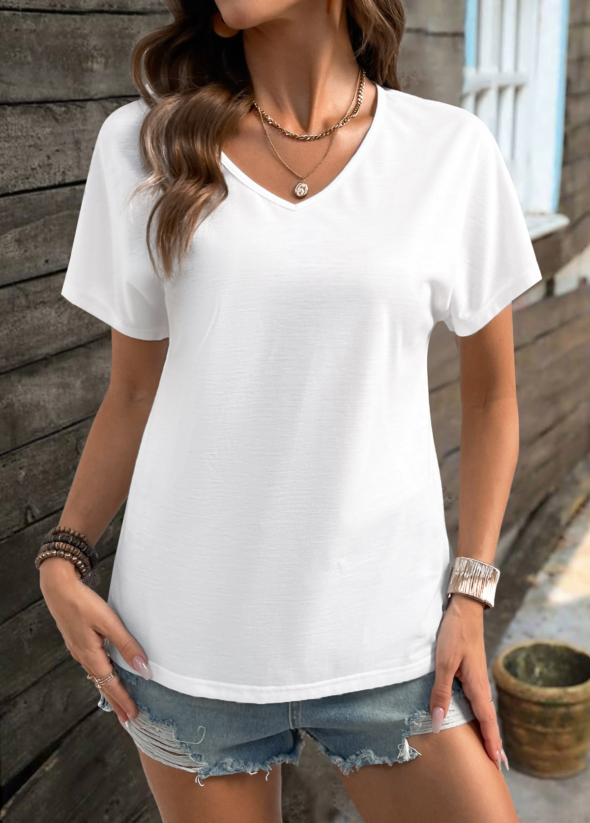 White Short Sleeve V Neck T Shirt | picture 
