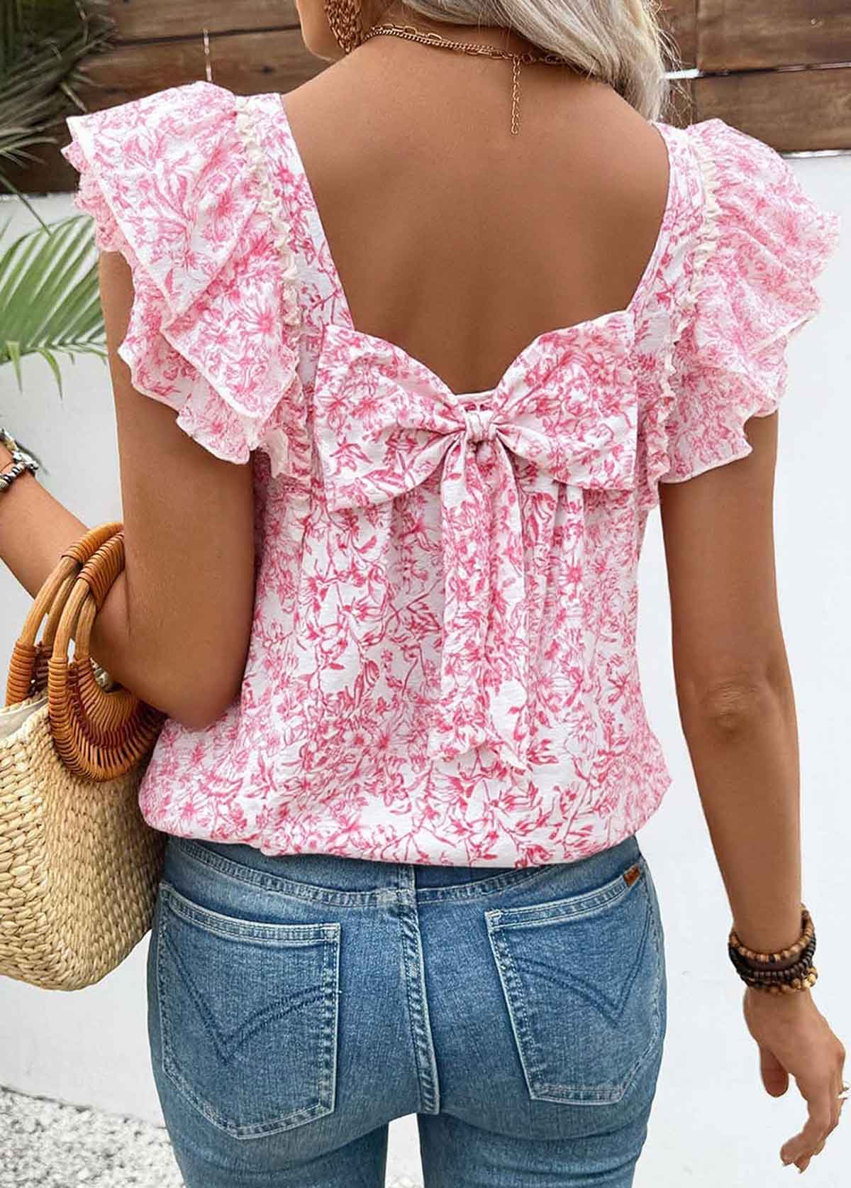 Pink Floral Print Short Sleeve Square Neck T Shirt | picture 