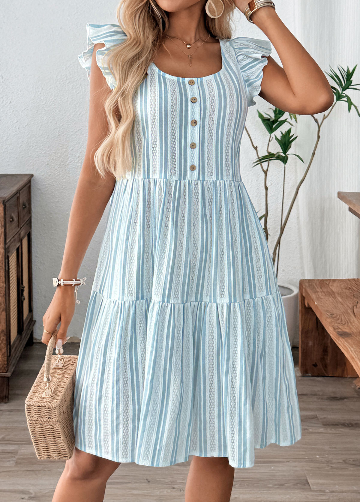 Dusty Blue Striped Ruffle Short Sleeve Round Neck Dress | picture 