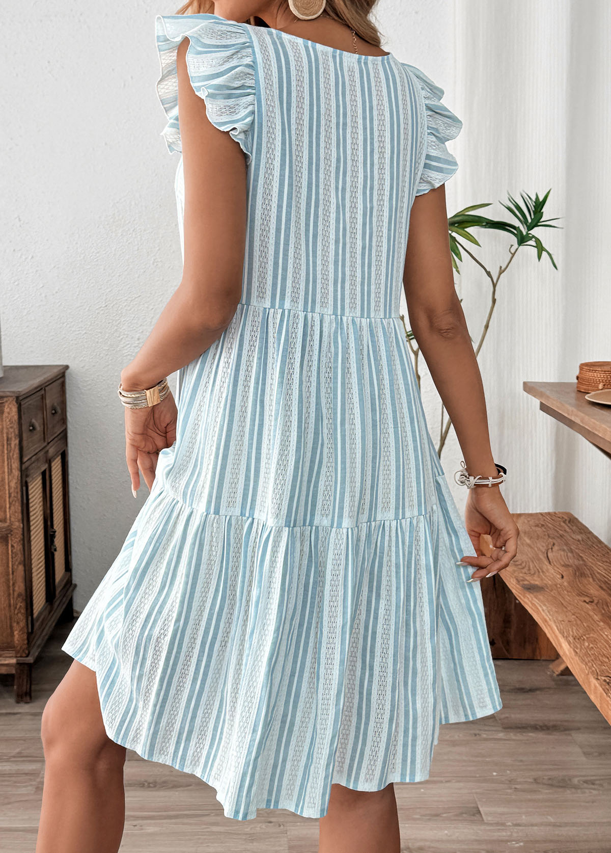 Dusty Blue Striped Ruffle Short Sleeve Round Neck Dress | picture 