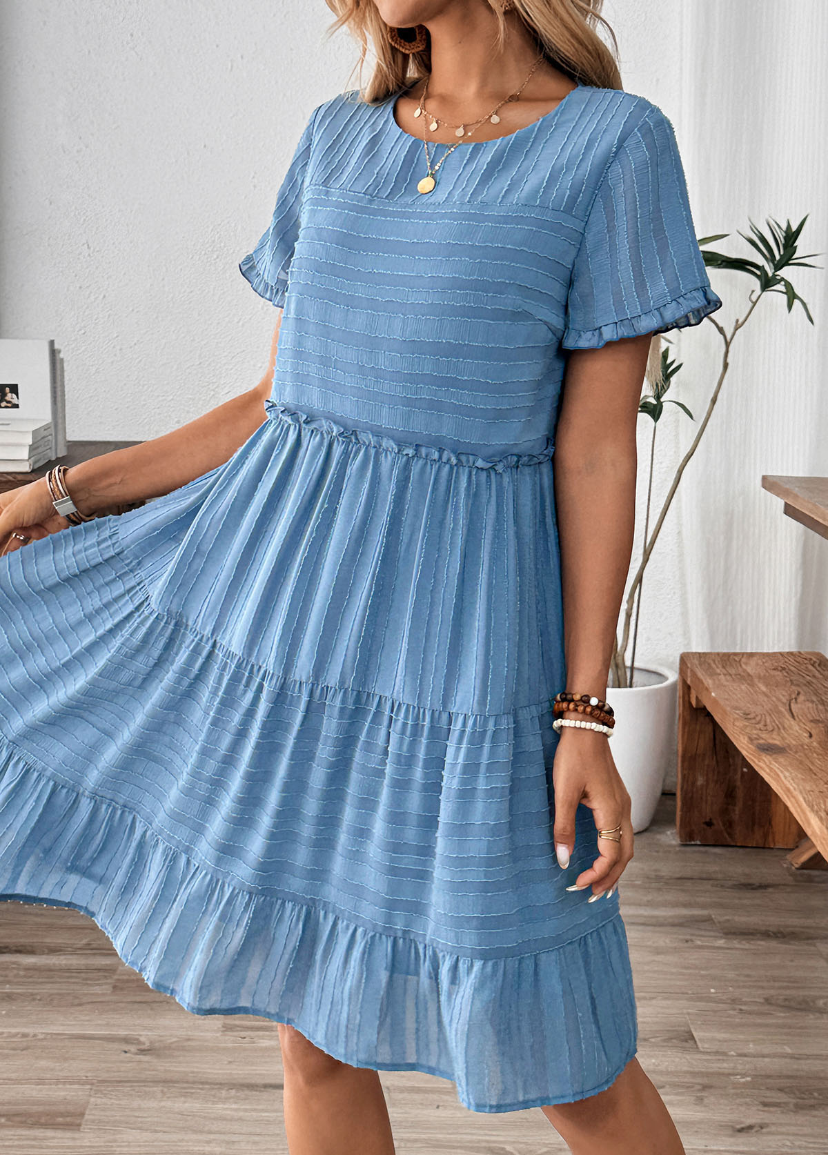 Dusty Blue Tummy Coverage Striped Short Sleeve Dress | picture 