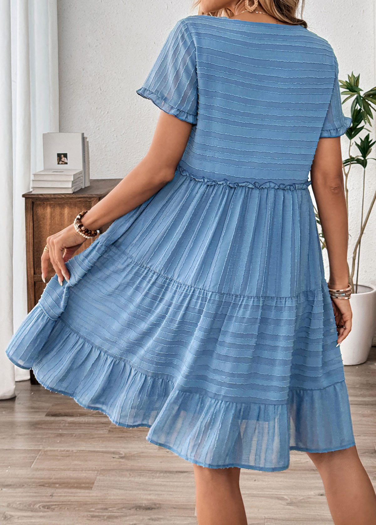 Dusty Blue Tummy Coverage Striped Short Sleeve Dress | picture 