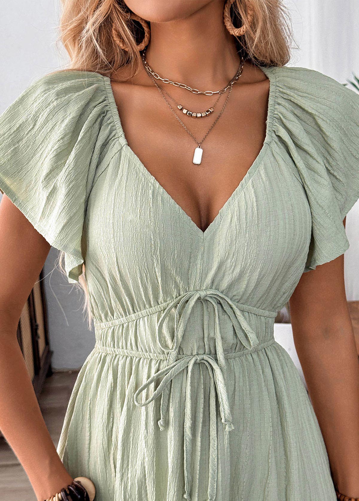 Sage Green Corset Short Sleeve V Neck Dress | picture 