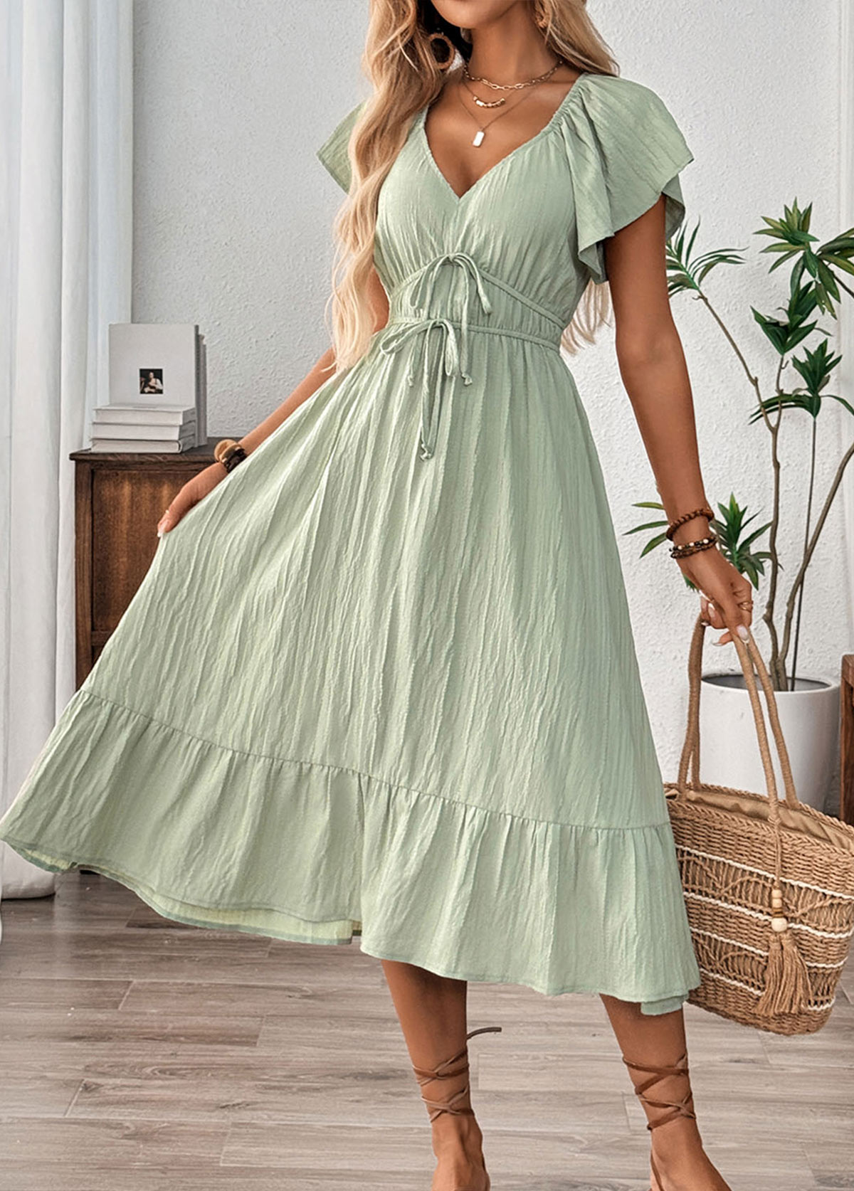Sage Green Corset Short Sleeve V Neck Dress | picture 