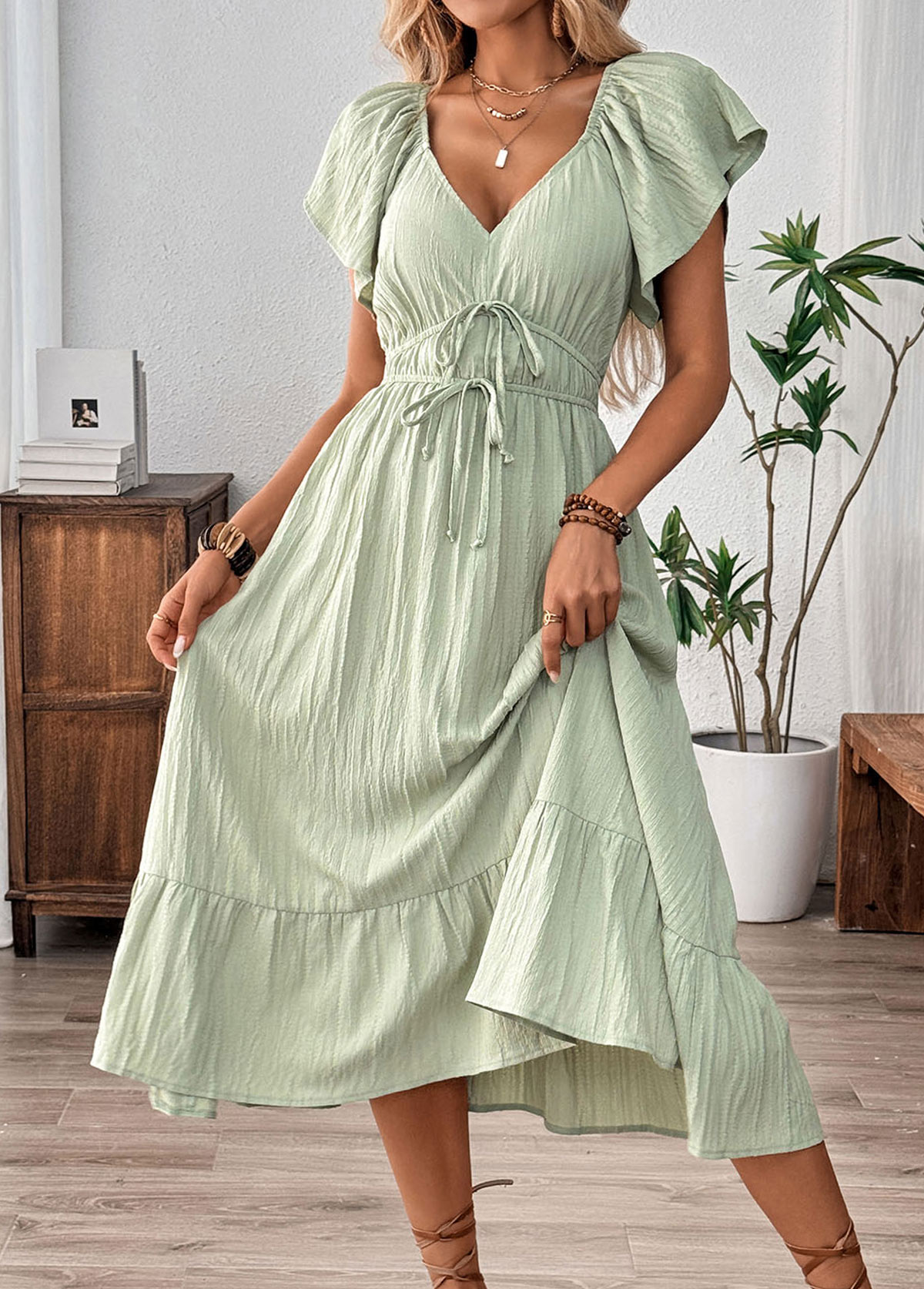 Sage Green Corset Short Sleeve V Neck Dress | picture 