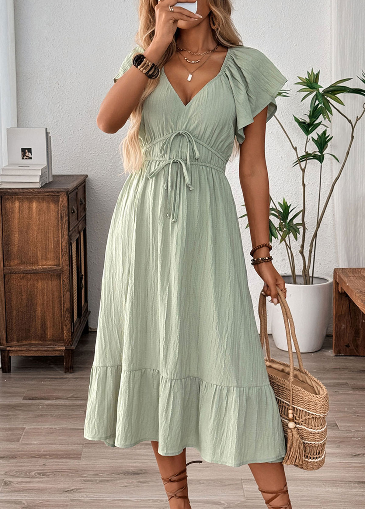 Sage Green Corset Short Sleeve V Neck Dress | picture 