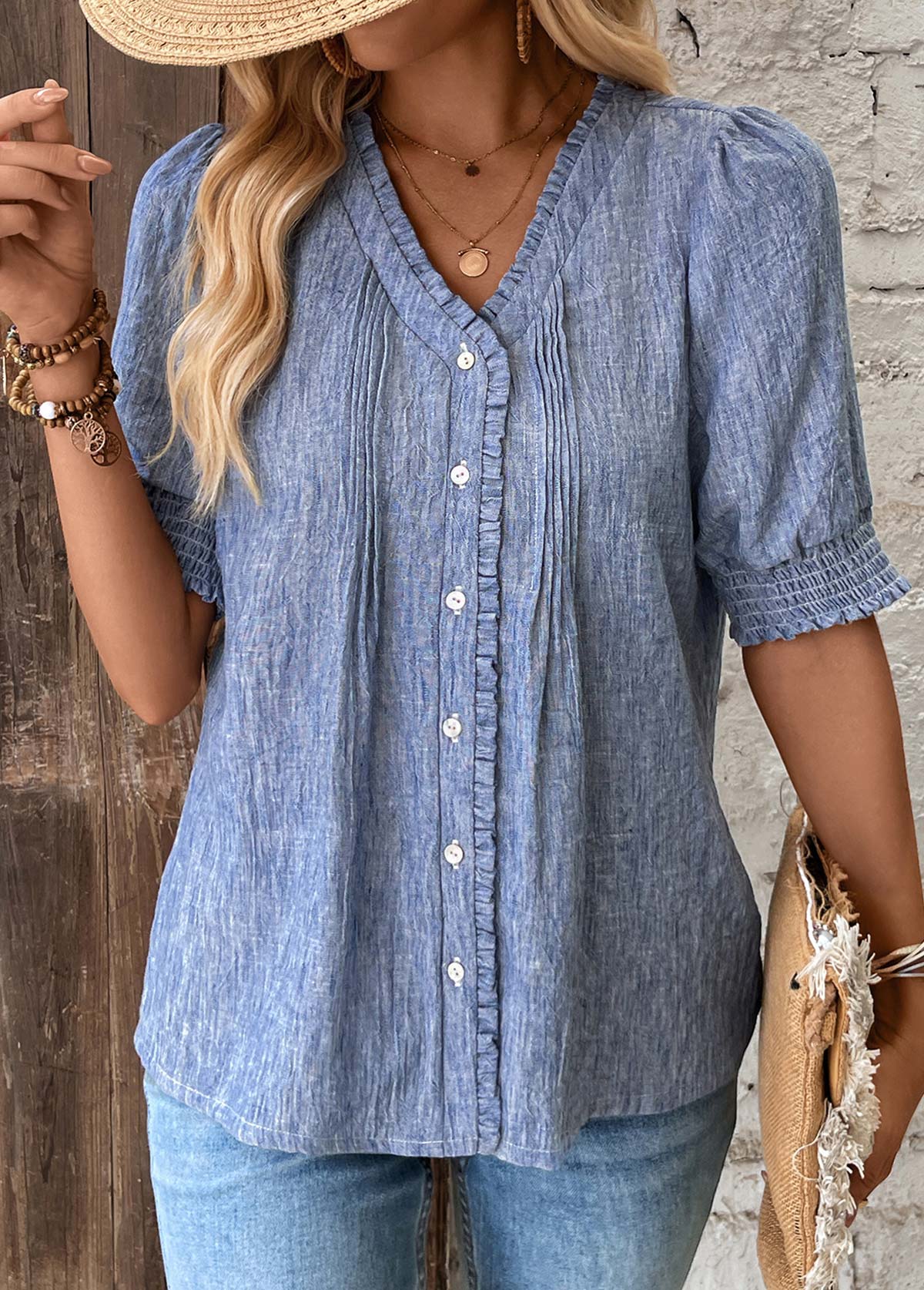 Denim Blue Tummy Coverage Half Sleeve V Neck Blouse | picture 