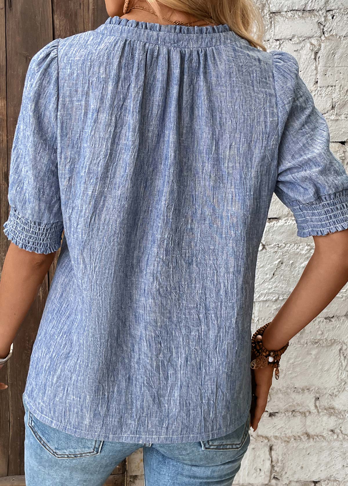Denim Blue Tummy Coverage Half Sleeve V Neck Blouse | picture 