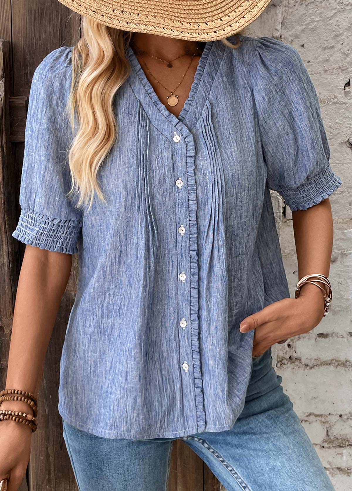 Denim Blue Tummy Coverage Half Sleeve V Neck Blouse | picture 