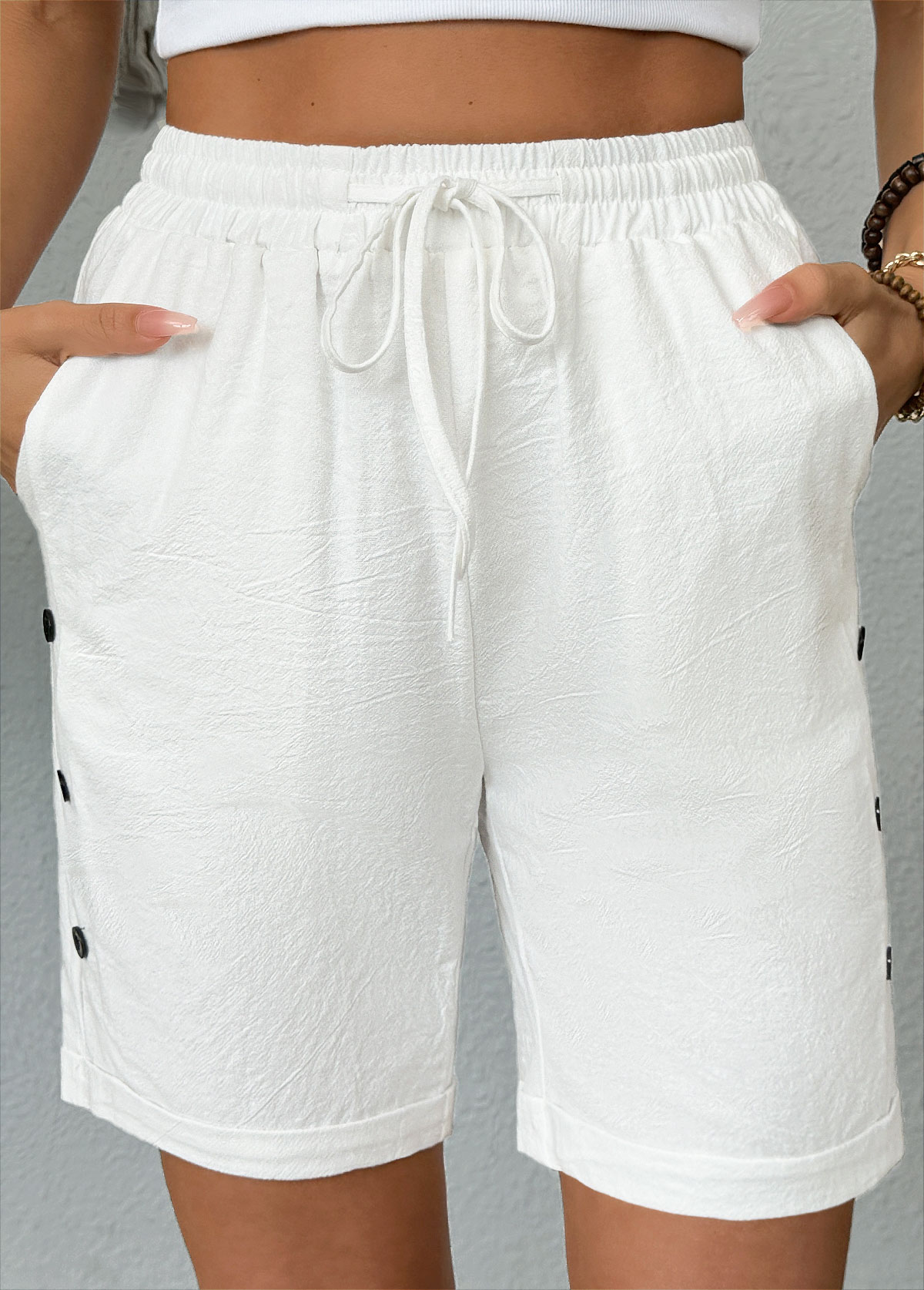 White Elastic Waist High Waisted Shorts | picture 