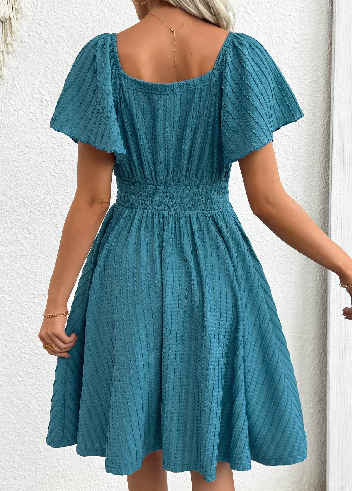 Turquoise Tummy Coverage Short V Neck Dress | picture 