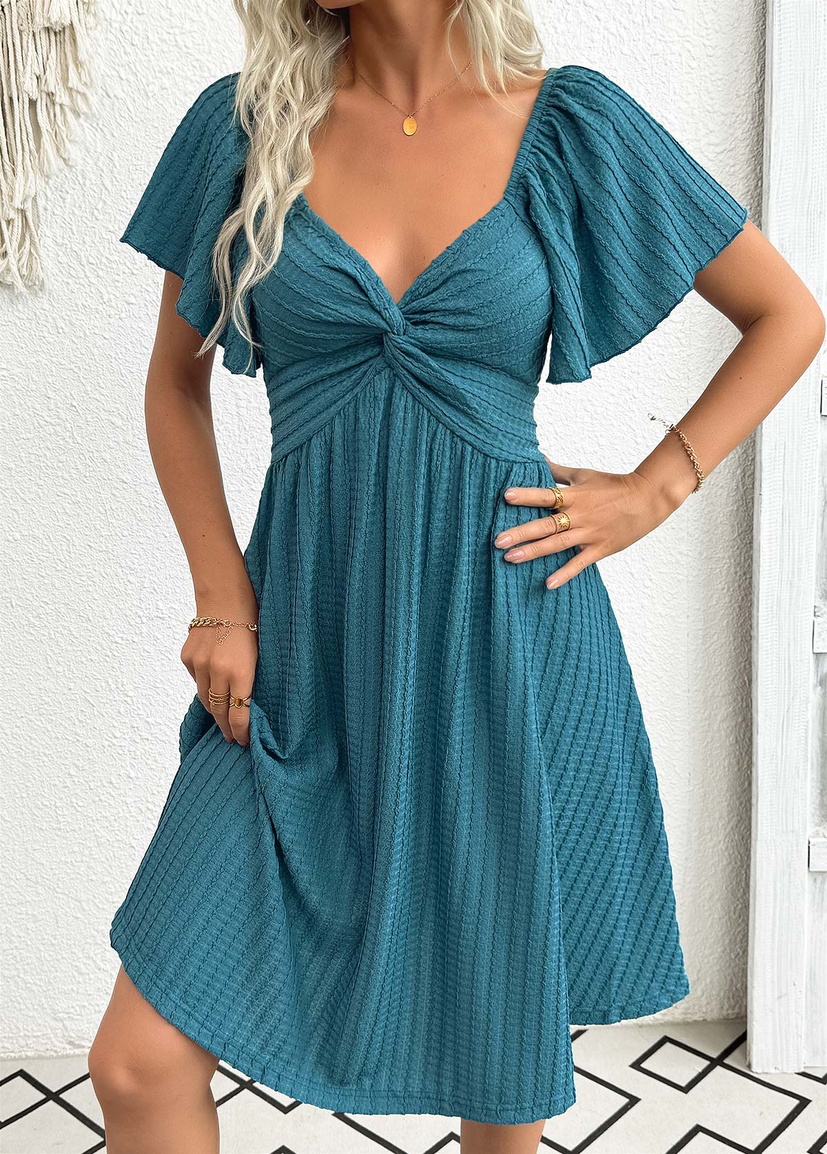 Turquoise Tummy Coverage Short V Neck Dress | picture 