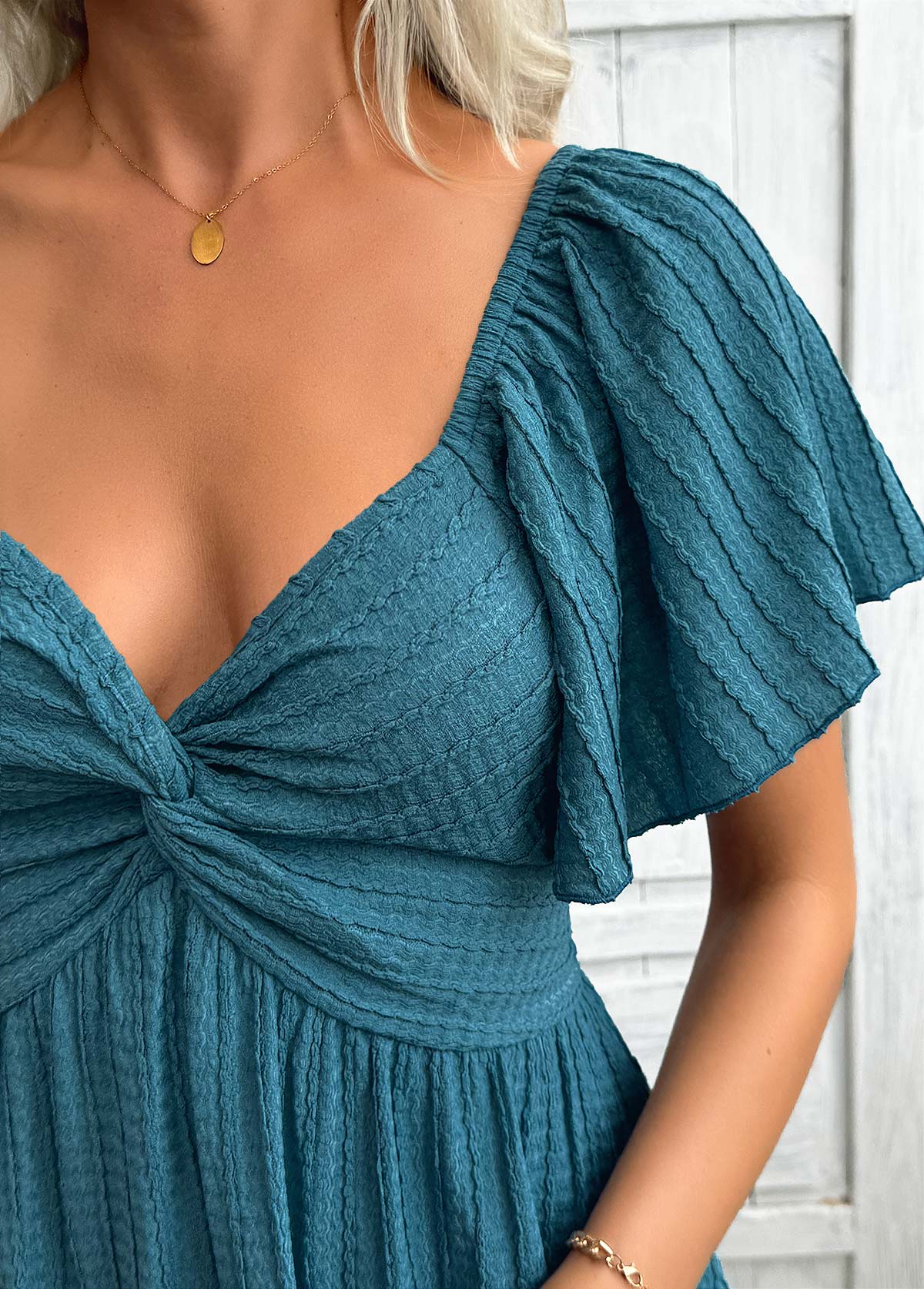 Turquoise Tummy Coverage Short V Neck Dress | picture 