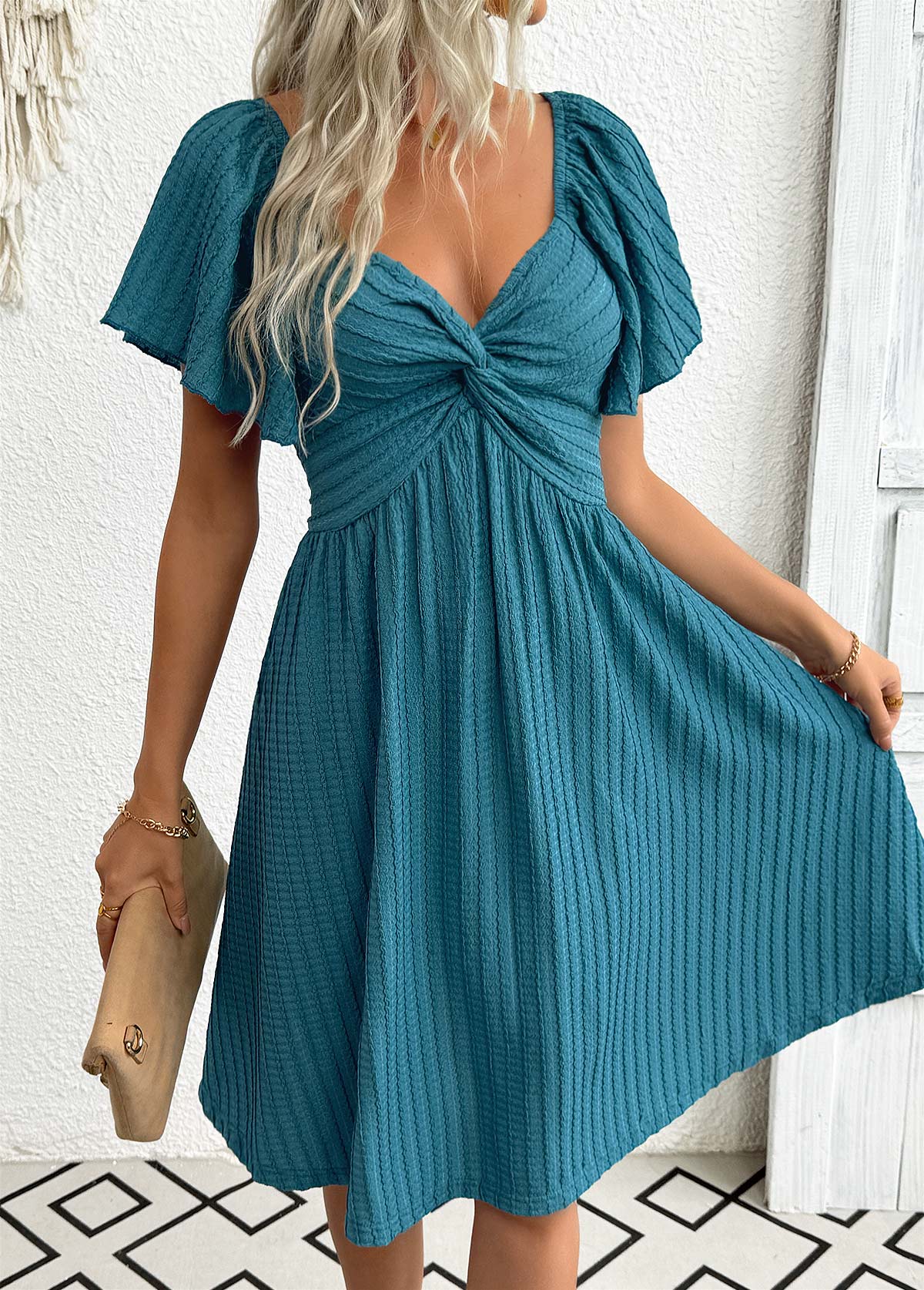 Turquoise Tummy Coverage Short V Neck Dress | picture 