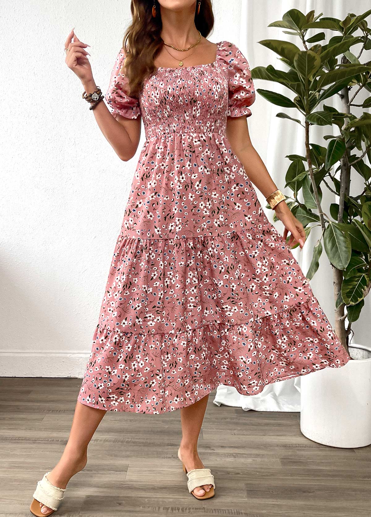 Pink Ditsy Floral Print Patchwork Short Sleeve Dress | picture 