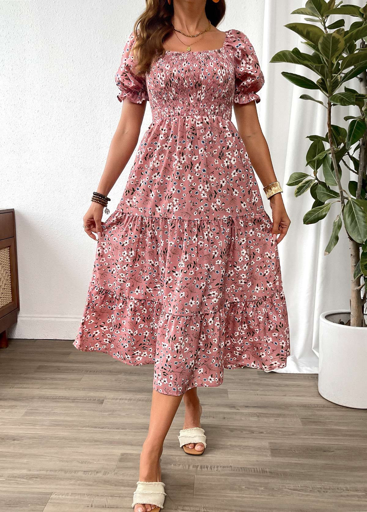 Pink Ditsy Floral Print Patchwork Short Sleeve Dress | picture 