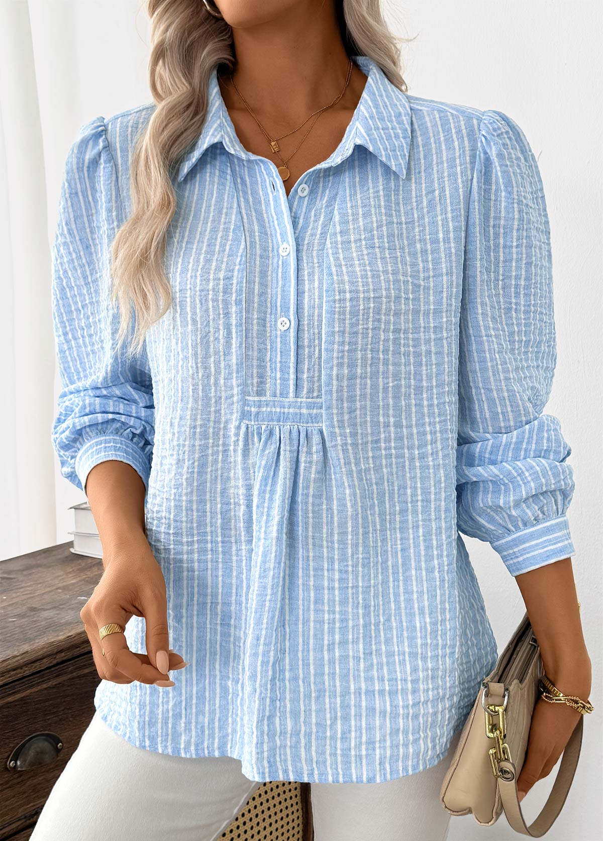 Light Blue Striped Long Sleeve Turn Down Collar Shirt | picture 
