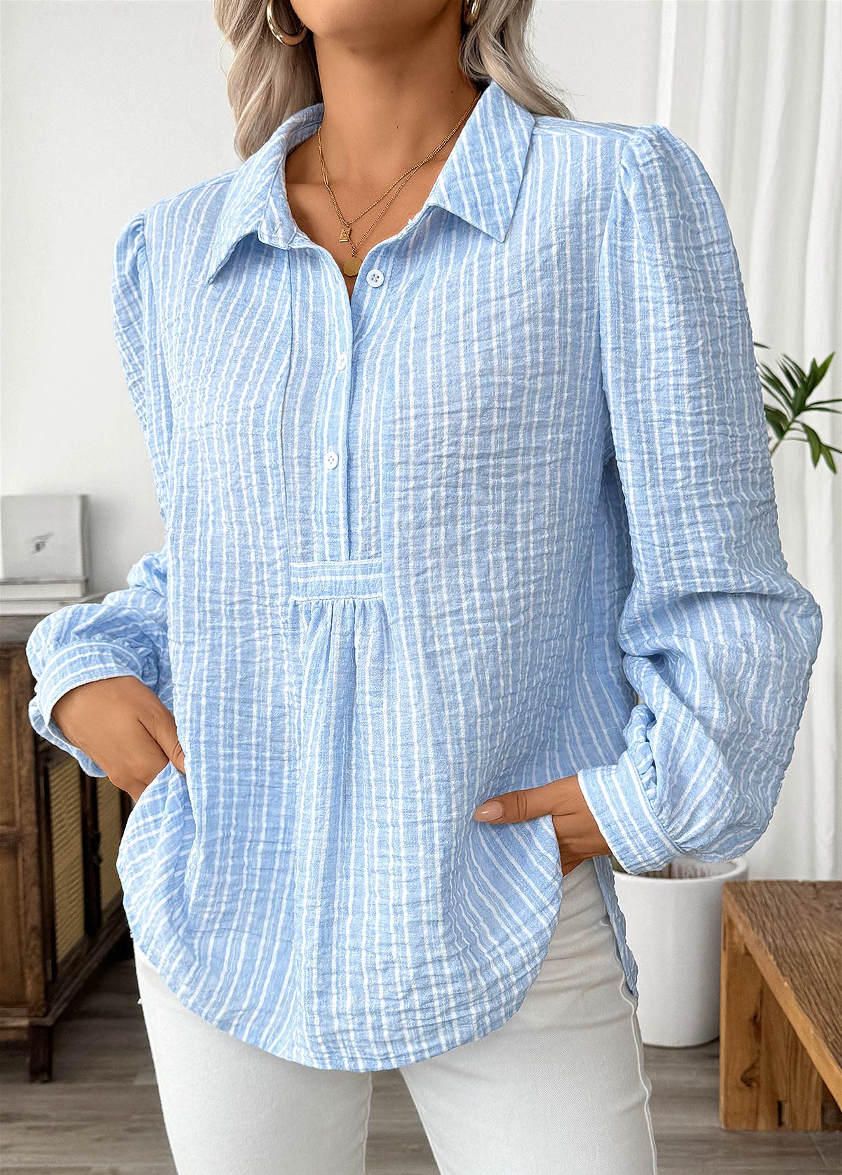 Light Blue Striped Long Sleeve Turn Down Collar Shirt | picture 