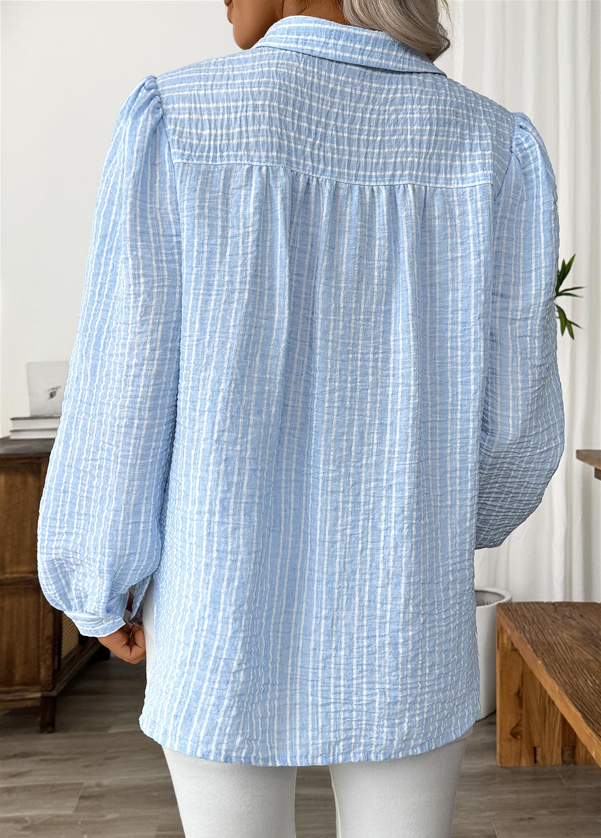 Light Blue Striped Long Sleeve Turn Down Collar Shirt | picture 