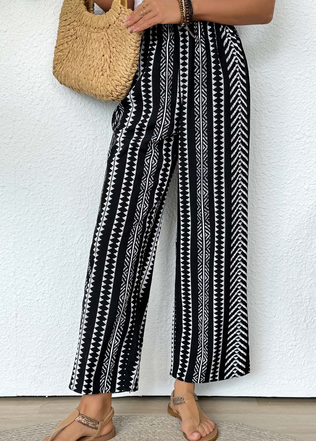 Black Tribal Print Straight Leg Elastic Waist Pants | picture 