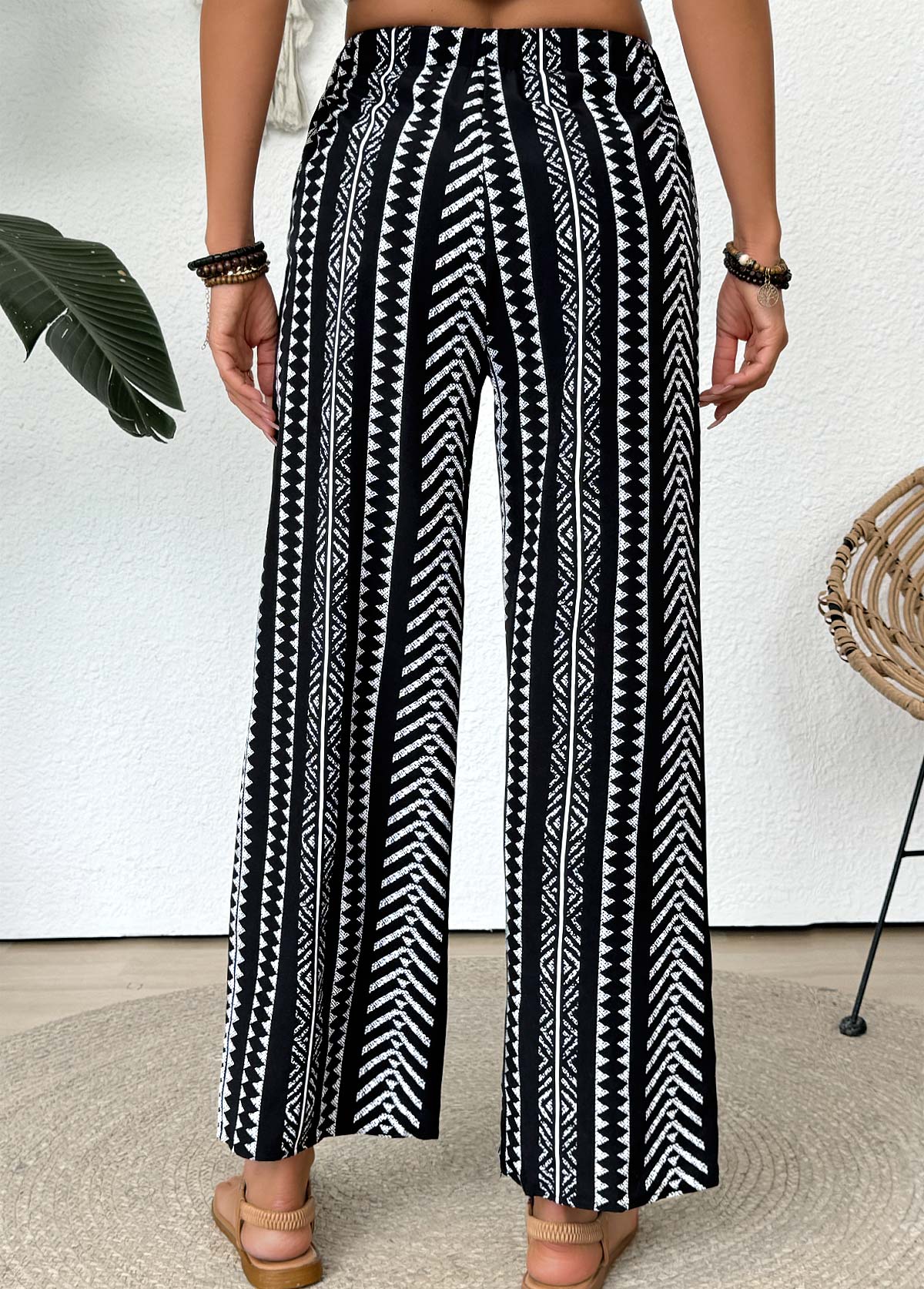 Black Tribal Print Straight Leg Elastic Waist Pants | picture 