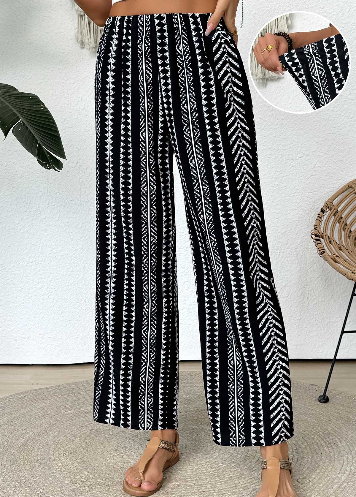 Black Tribal Print Straight Leg Elastic Waist Pants | picture 