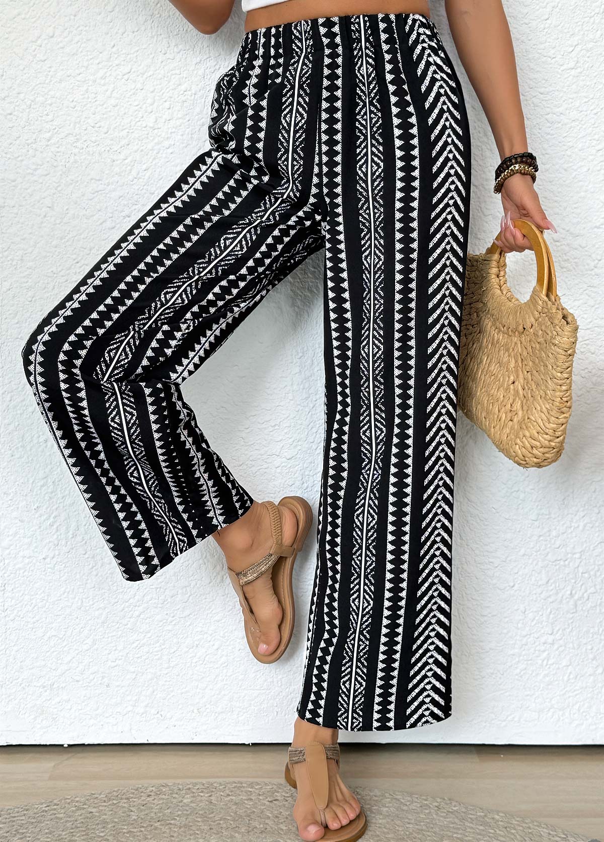 Black Tribal Print Straight Leg Elastic Waist Pants | picture 