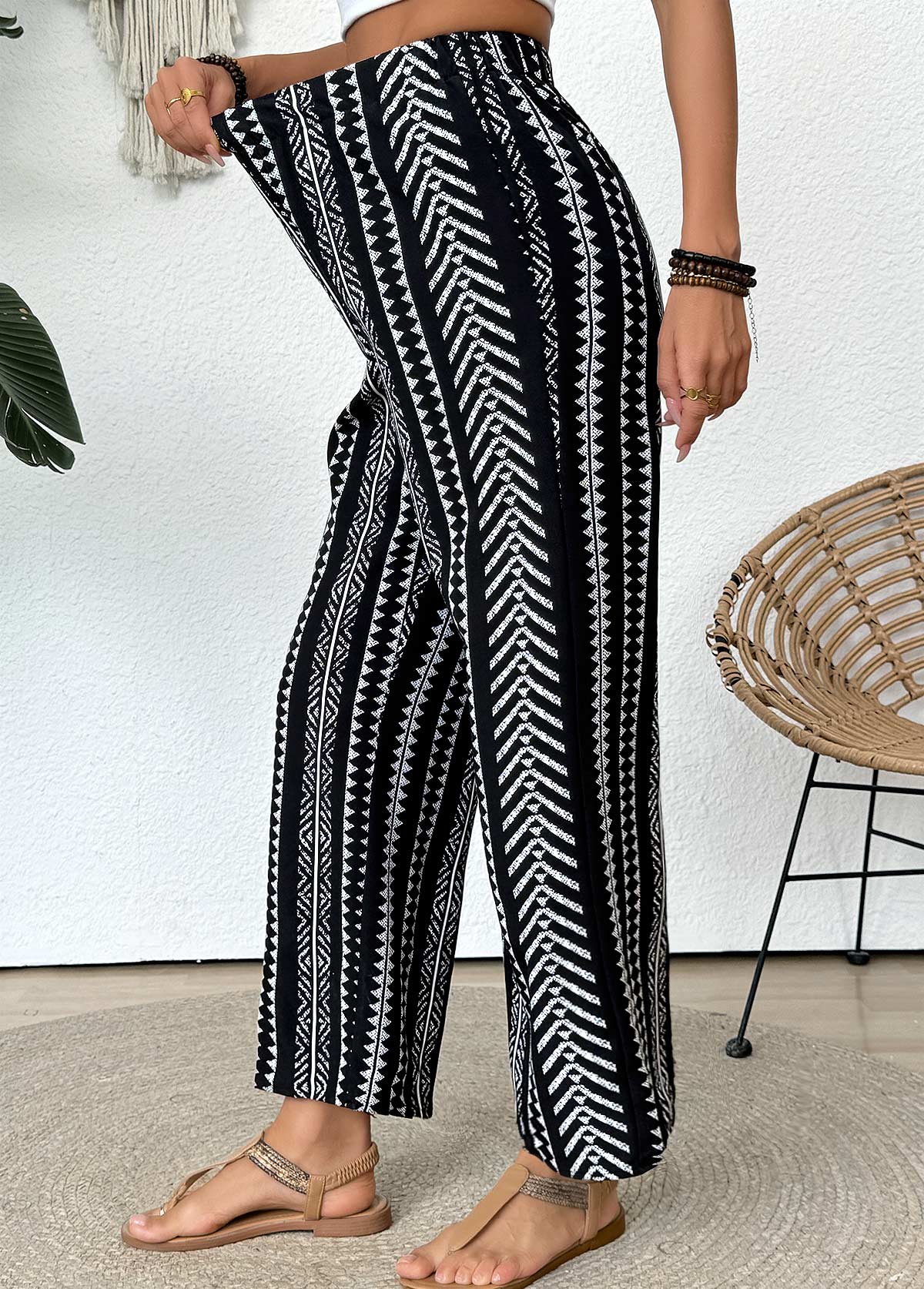 Black Tribal Print Straight Leg Elastic Waist Pants | picture 