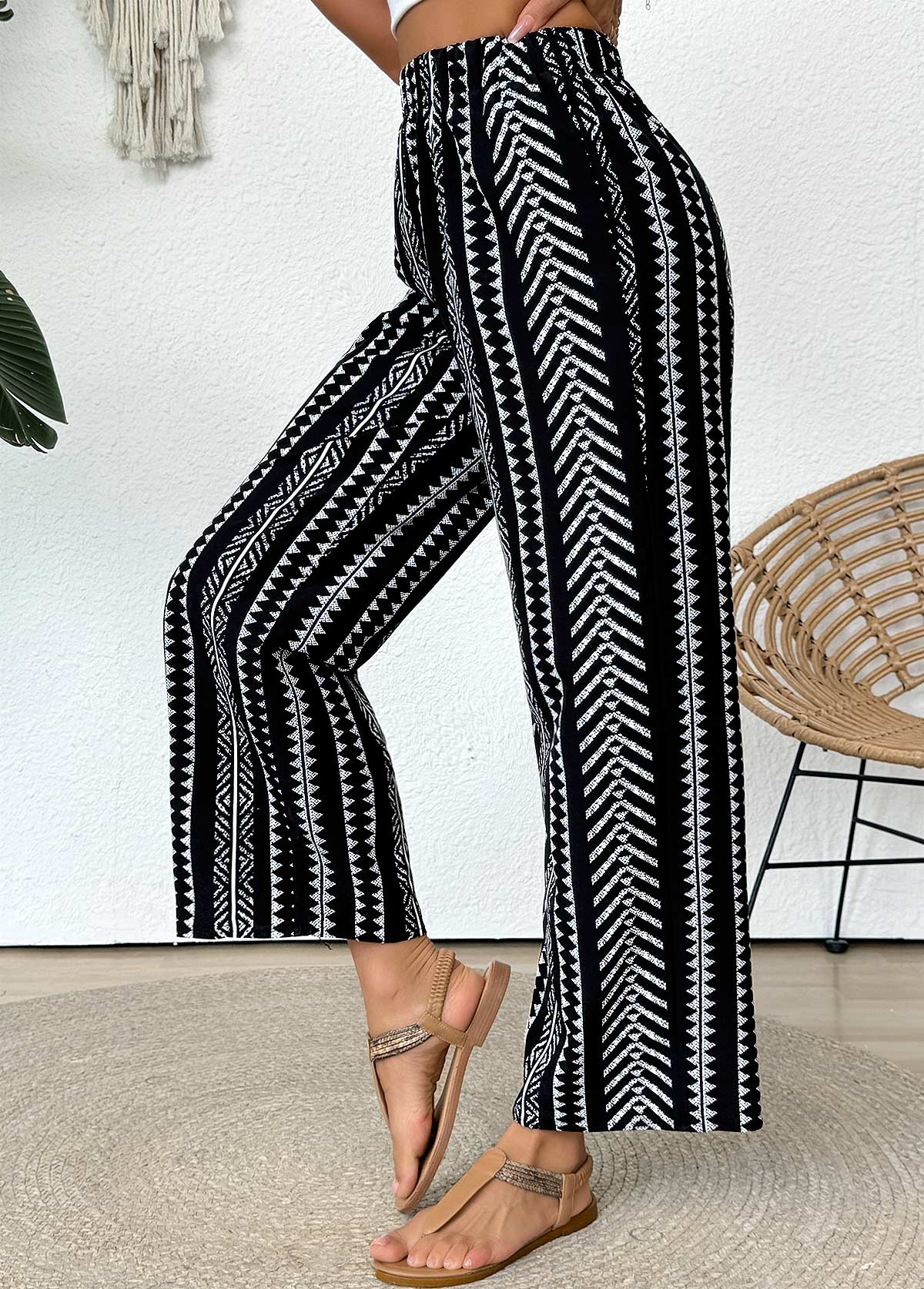 Black Tribal Print Straight Leg Elastic Waist Pants | picture 