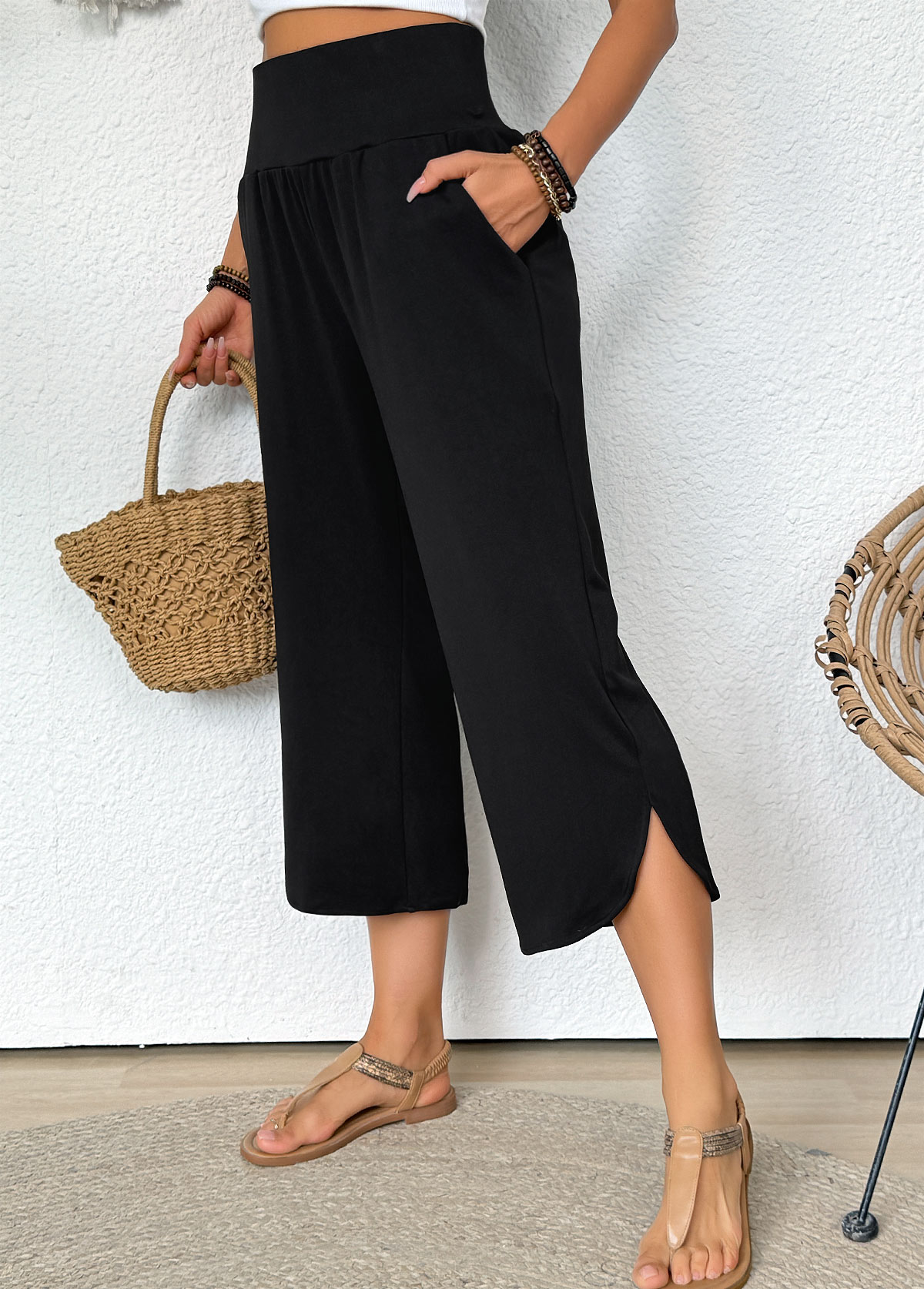 Black Straight Leg Elastic Waist High Waisted Pants | picture 