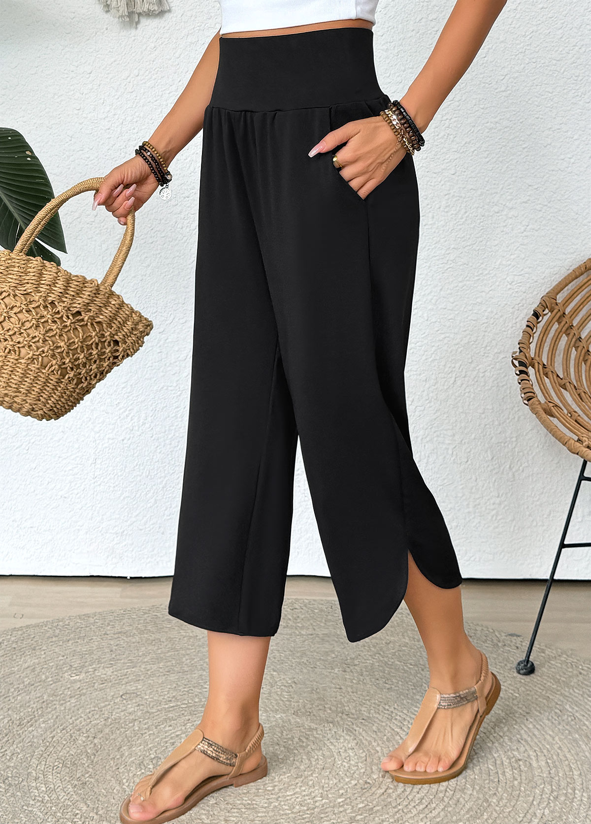 Black Straight Leg Elastic Waist High Waisted Pants | picture 