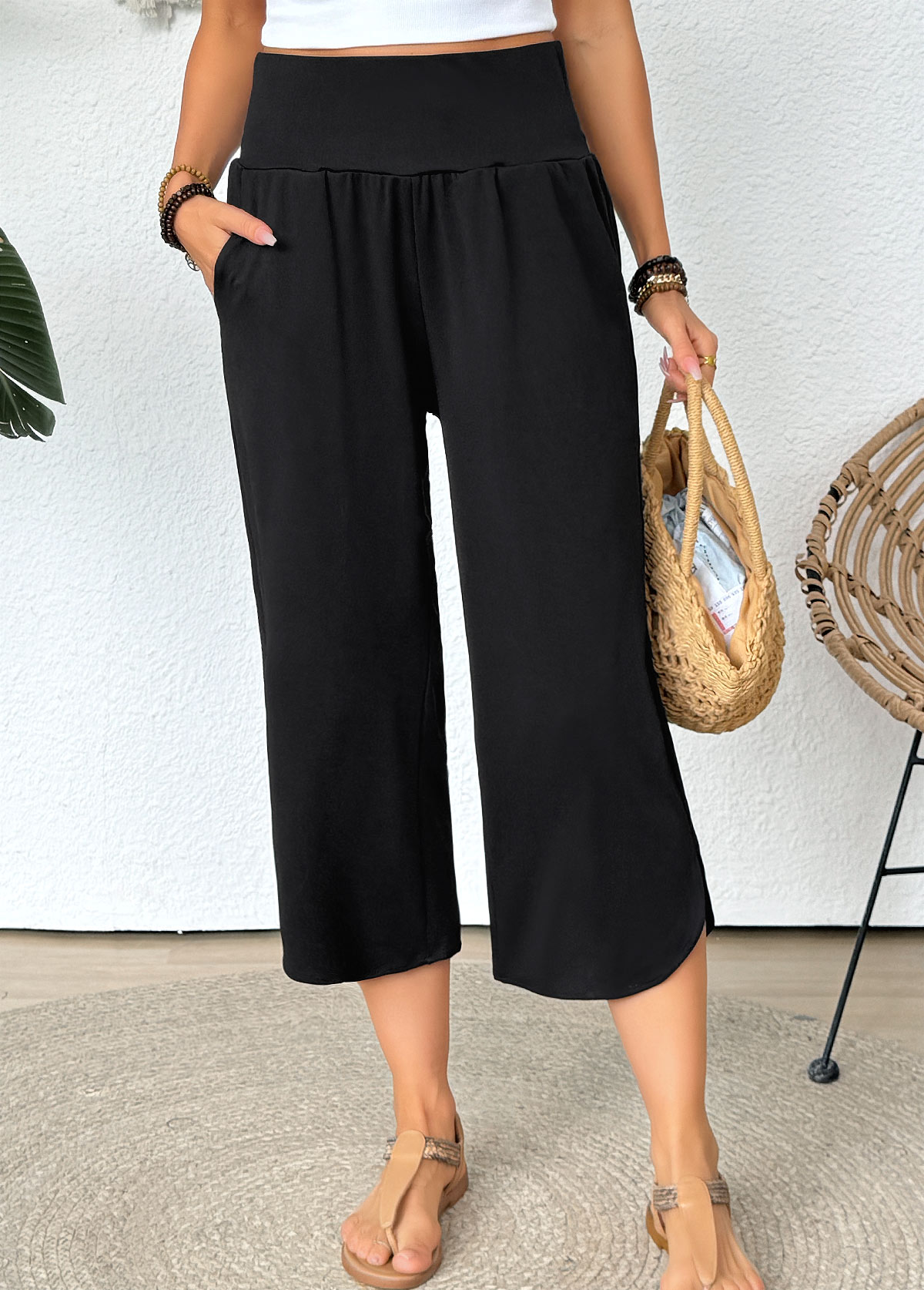 Black Straight Leg Elastic Waist High Waisted Pants | picture 