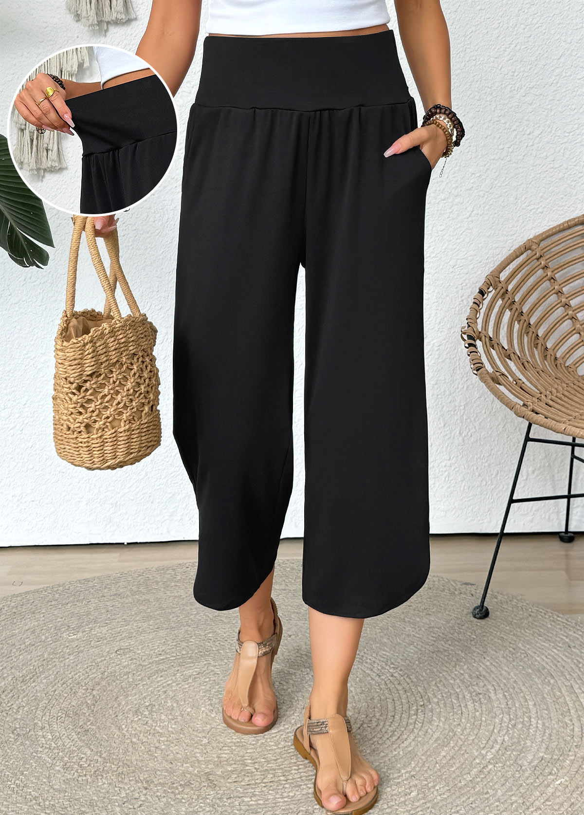 Black Straight Leg Elastic Waist High Waisted Pants | picture 