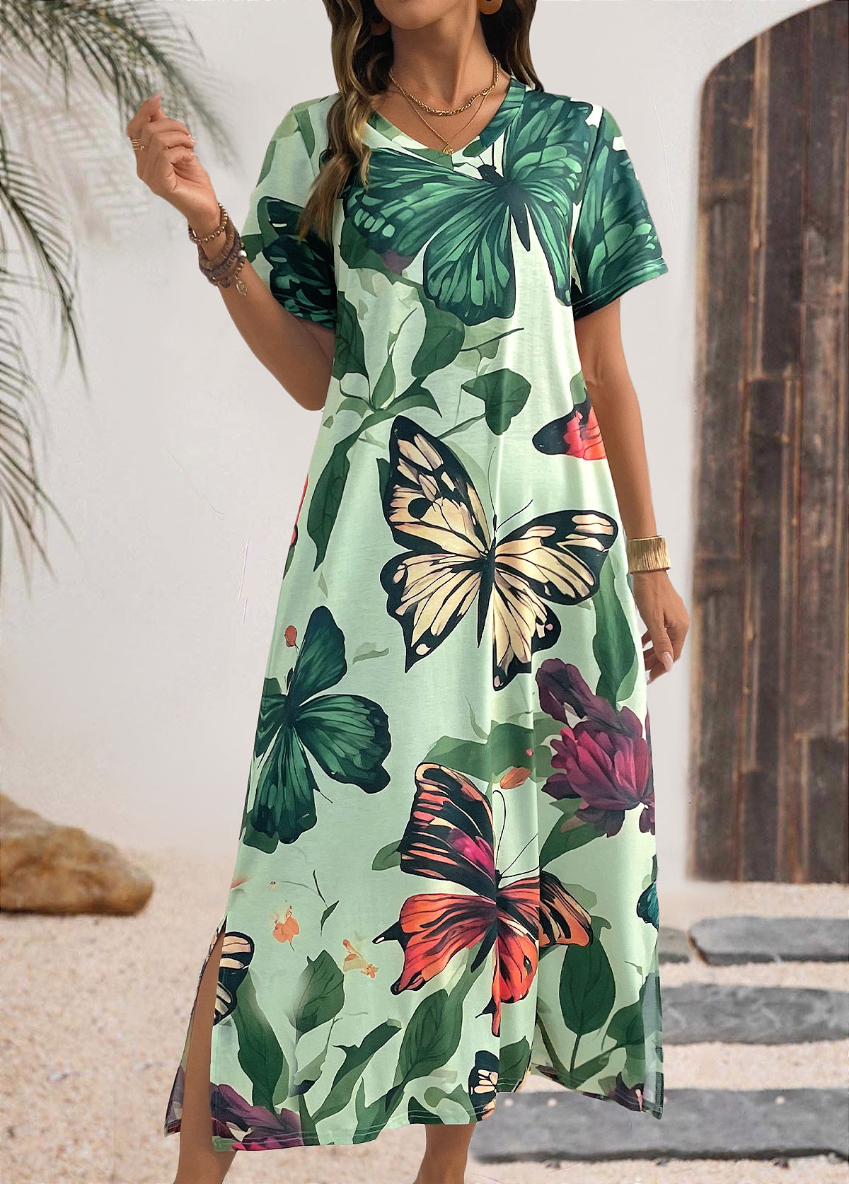 Multi Color Butterfly Print Maxi Short Sleeve Dress | picture 