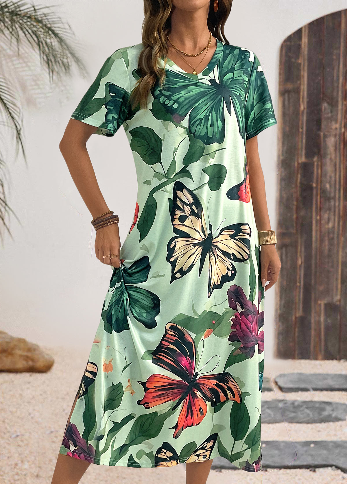 Multi Color Butterfly Print Maxi Short Sleeve Dress | picture 