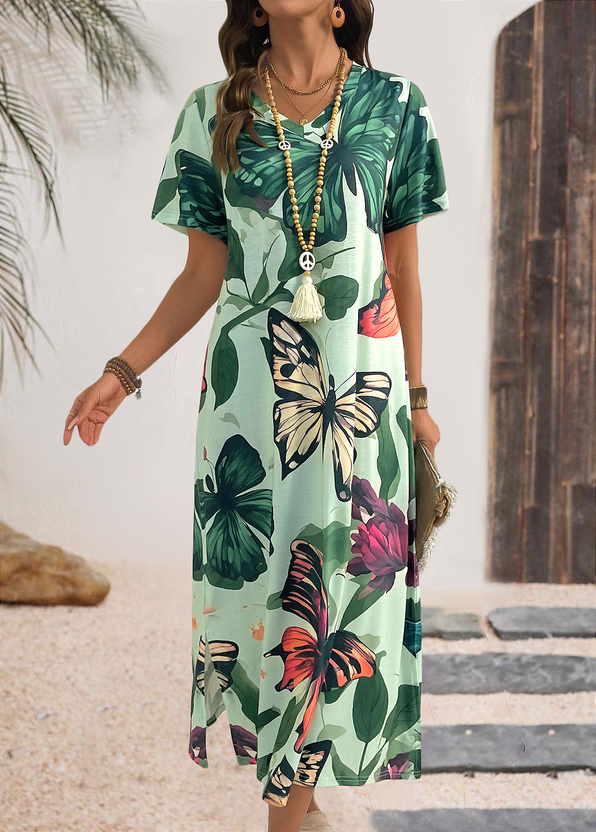 Multi Color Butterfly Print Maxi Short Sleeve Dress | picture 