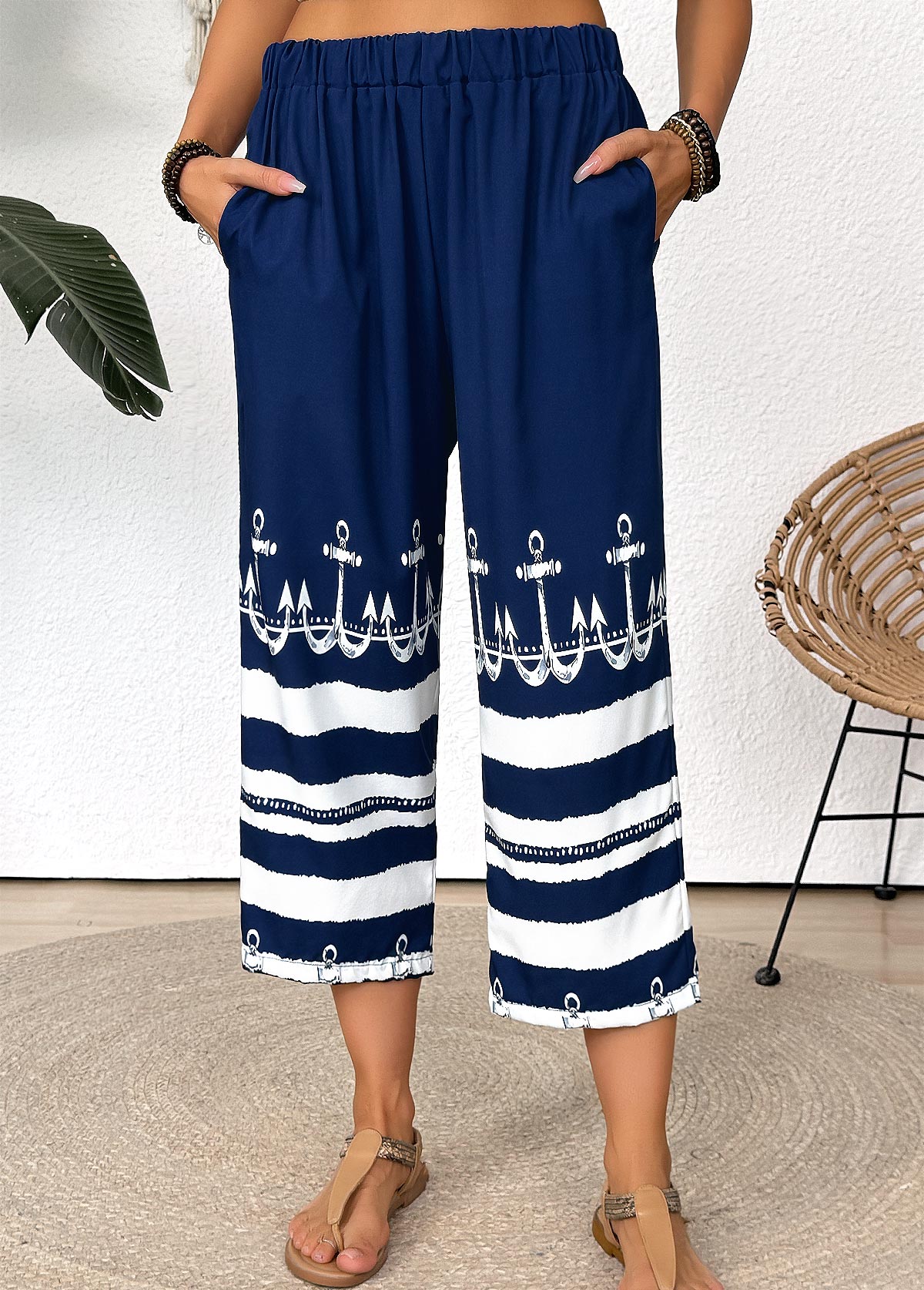Dark Blue Tribal Print Straight Leg Elastic Waist Pants | picture 