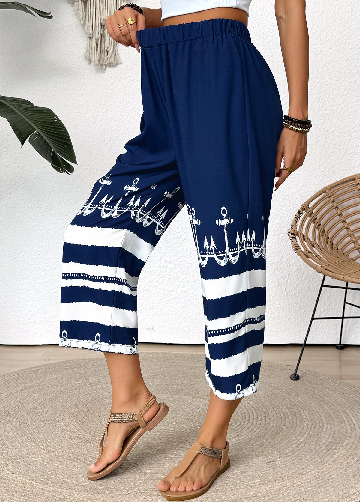 Dark Blue Tribal Print Straight Leg Elastic Waist Pants | picture 