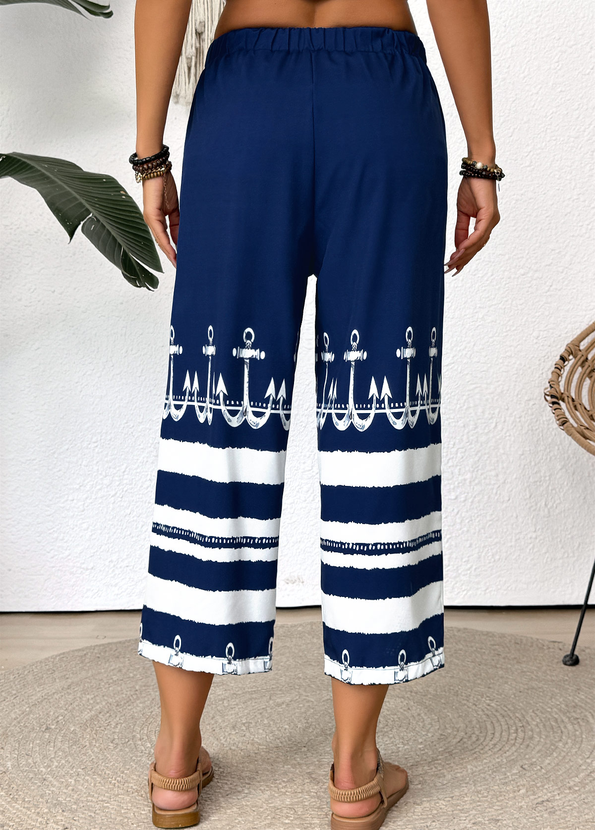 Dark Blue Tribal Print Straight Leg Elastic Waist Pants | picture 