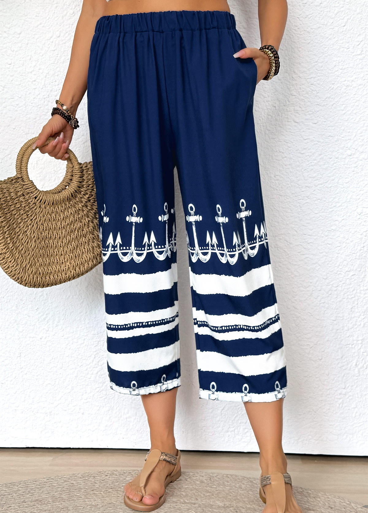 Dark Blue Tribal Print Straight Leg Elastic Waist Pants | picture 