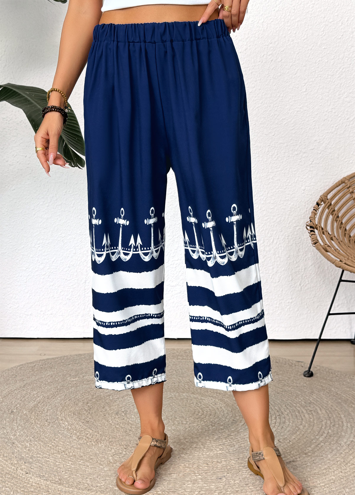 Dark Blue Tribal Print Straight Leg Elastic Waist Pants | picture 
