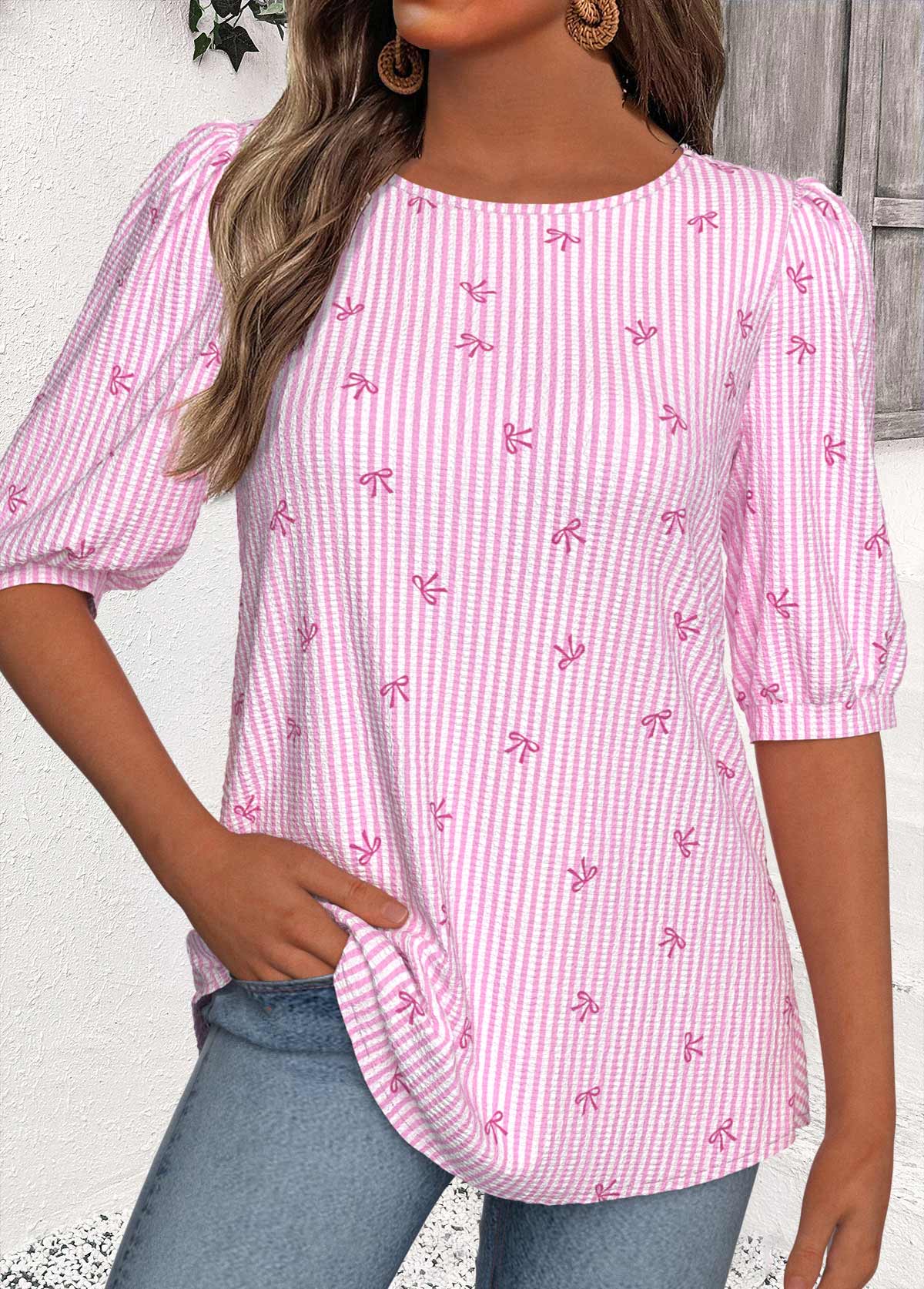 Multi Color Striped Half Sleeve Round Neck Blouse | picture 