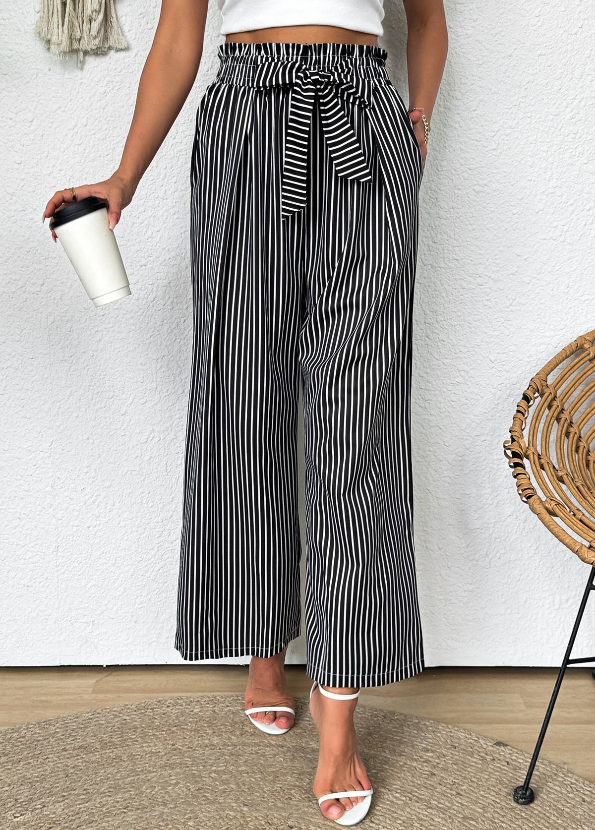 Dark Grey Striped Wide Leg Elastic Waist Pants | picture 