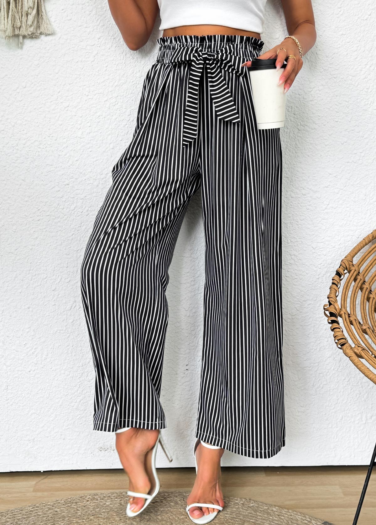 Dark Grey Striped Wide Leg Elastic Waist Pants | picture 