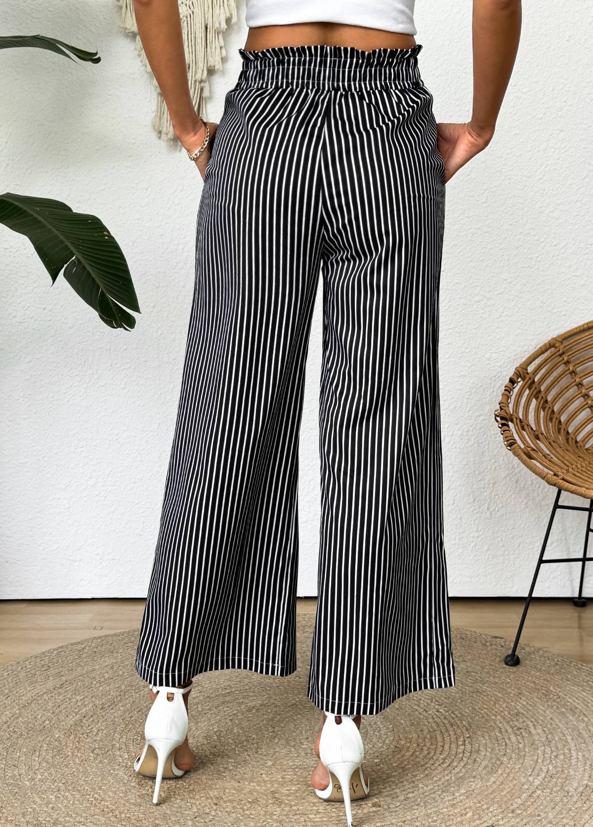 Dark Grey Striped Wide Leg Elastic Waist Pants | picture 