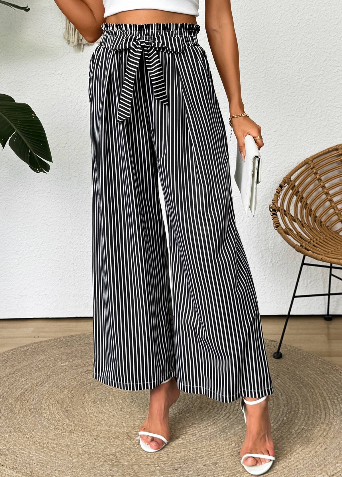 Dark Grey Striped Wide Leg Elastic Waist Pants | picture 