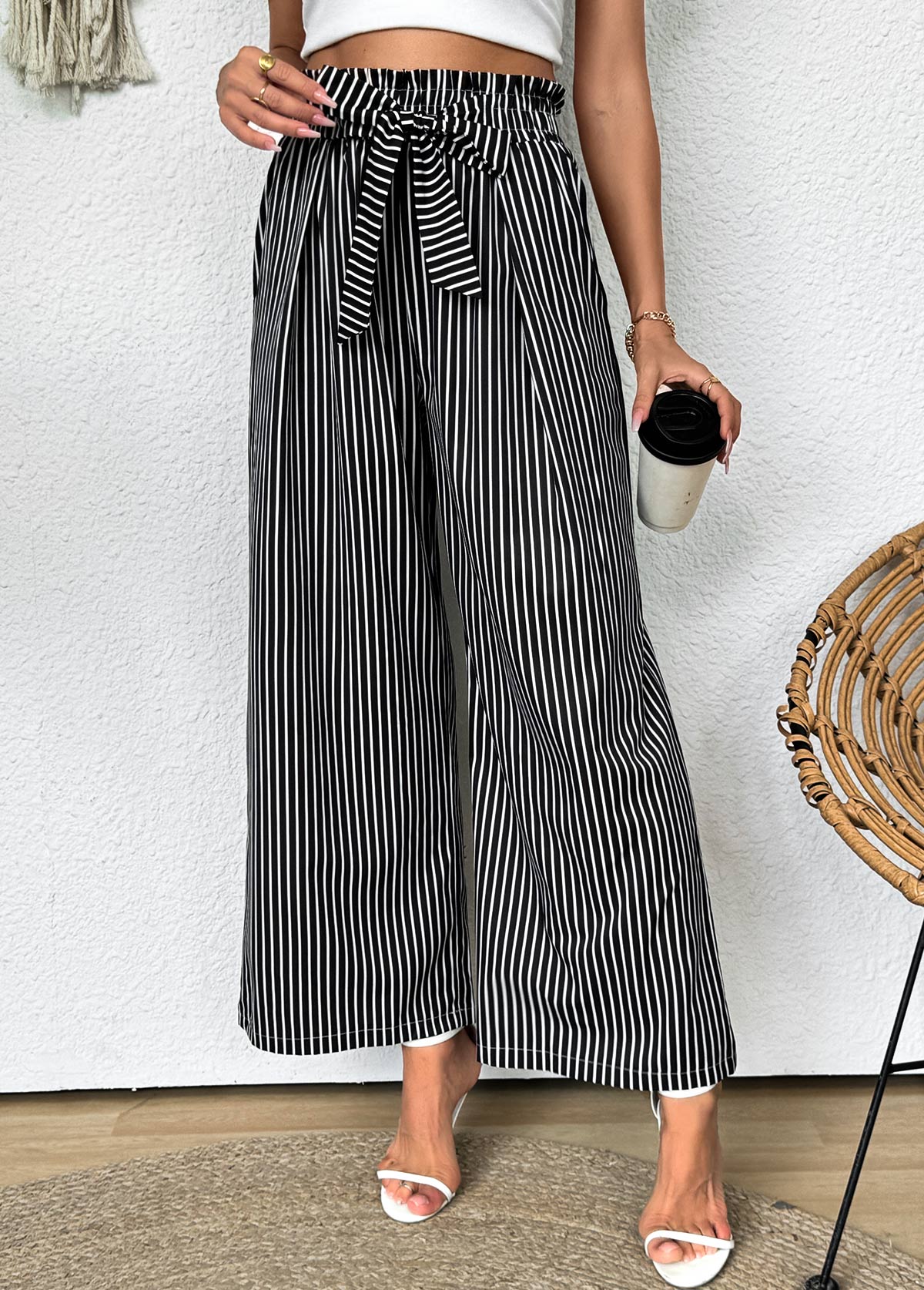 Dark Grey Striped Wide Leg Elastic Waist Pants | picture 