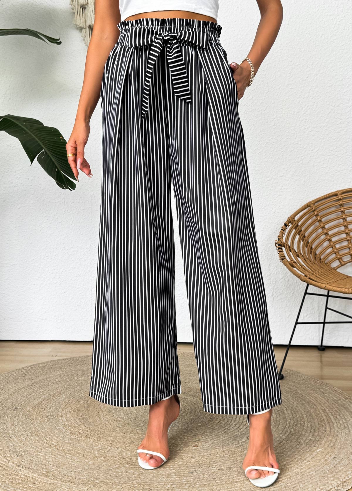 Dark Grey Striped Wide Leg Elastic Waist Pants | picture 